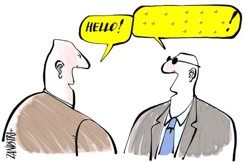Blind man says hello in braille.