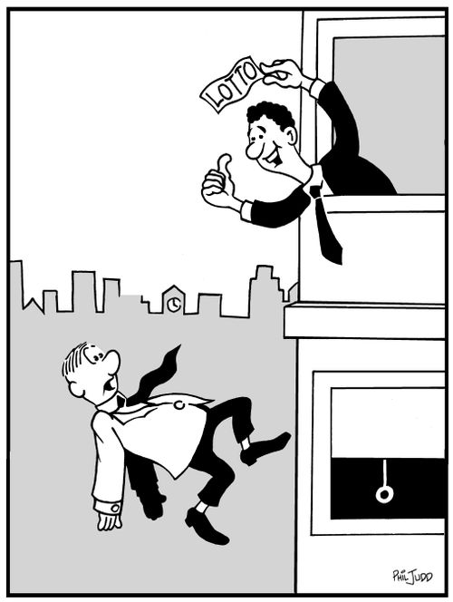 Man jumping off a building while another leans out telling him he has won the lotto.