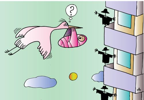 Stork and baby discover scarecrows