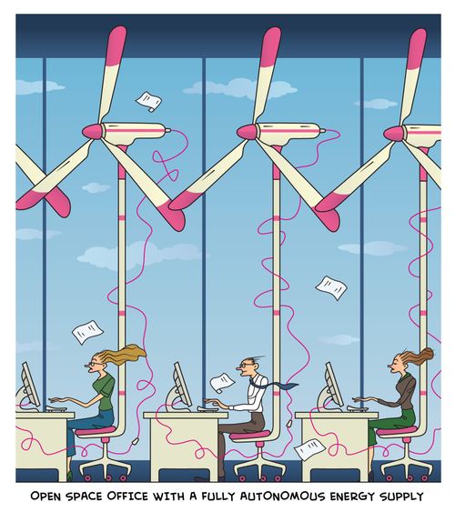 Open space office with a fully autonomous energy supply.