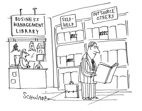 At a business management library one section is labelled 'self-help' another is 'outsource others.'  