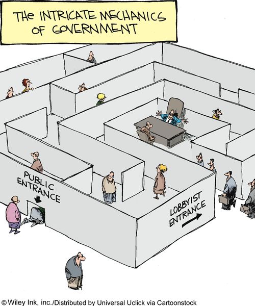 The intricate mechanics of government: Public entrance and Lobbyist entrance.