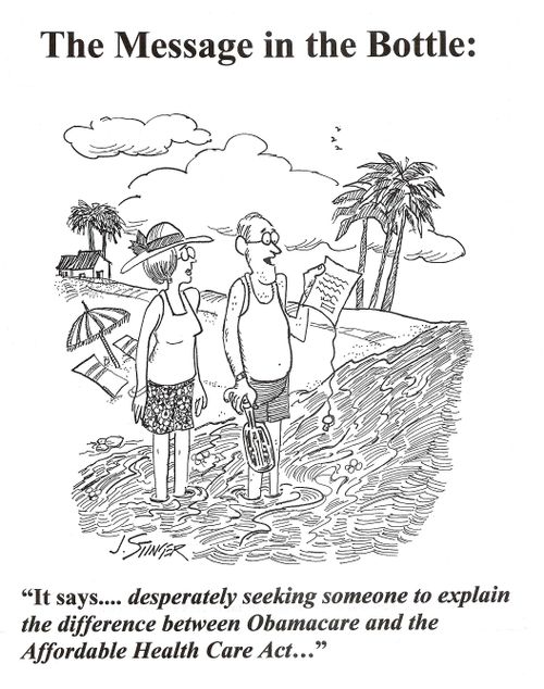 'It says...desperately seeking someone to explain the difference between Obamacare and the Affordable Health Care Act...'