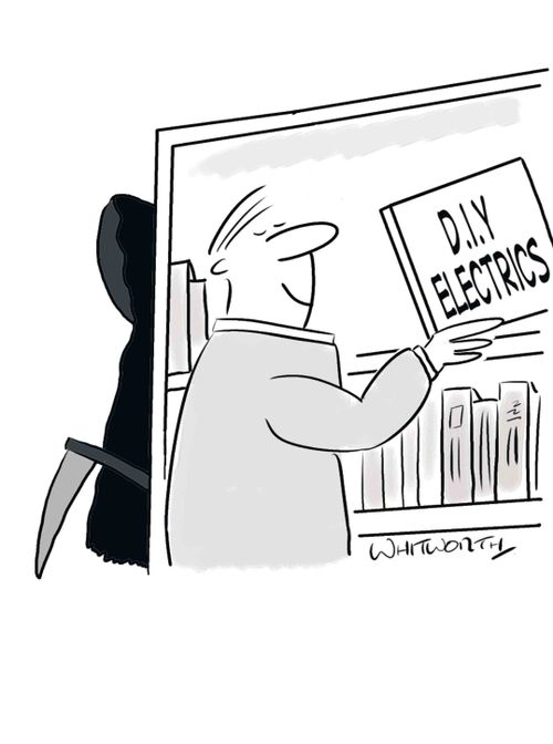 DIY Electrics reader is being followed by the Grim Reaper.