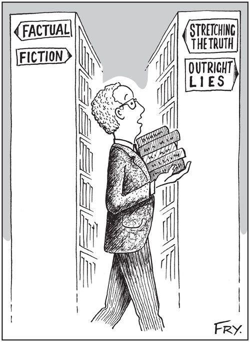 Library shelf signs: 'Factual and Fiction. . .Stretching the truth and Outright lies'