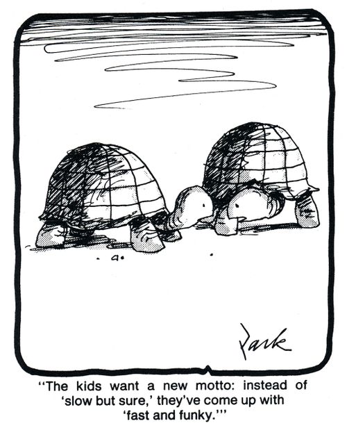'The kids want a new motto: instead of 'slow but sure' they've come up with 'fast and funky'.'