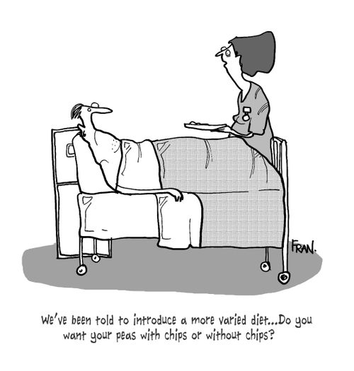 "We've been told to introduce a more varied diet....Do you want your peas with chips or without chips?"