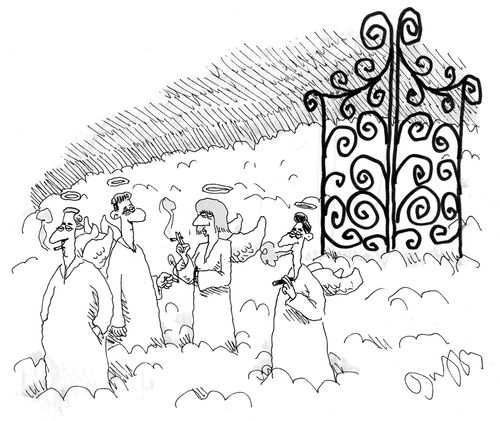 Smoking outside the Pearly Gates.