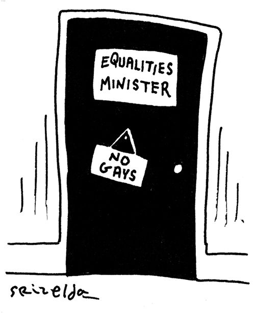 Equalities Minister's door with sign: 'No Gays'.