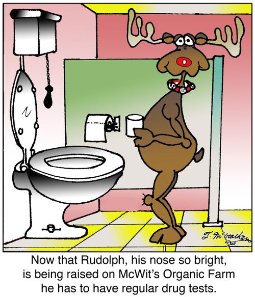Now that Rudolph, his nose so bright, is being raised on McWit's Organic Farm he has to have regular drug tests.