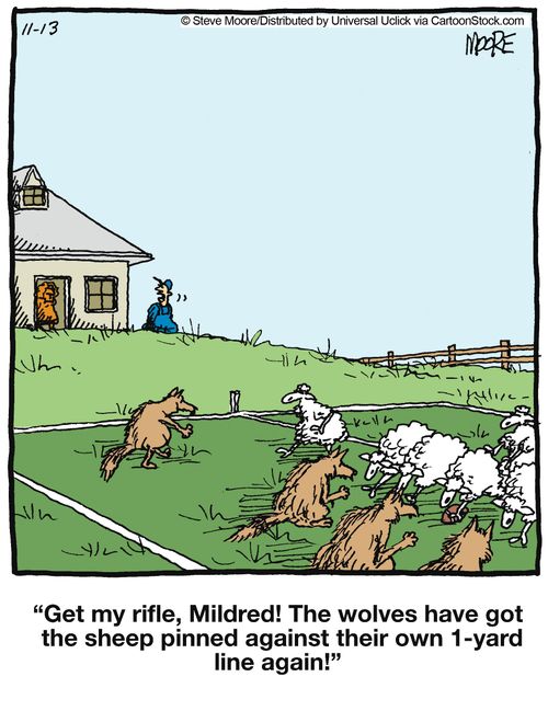 '..The wolves have got the sheep pinned against their own 1-yard line again!'