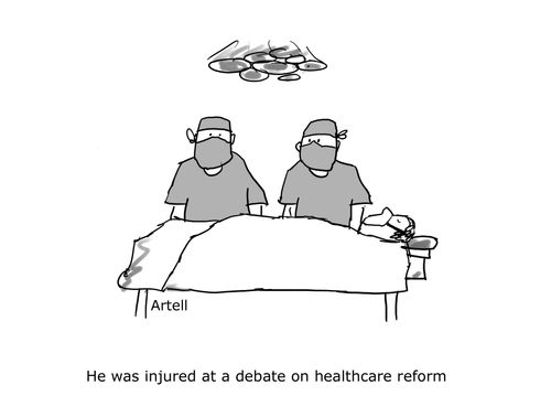 He was injured at a debate on healthcare reform.