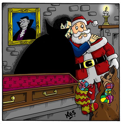 A vampire pounces on Santa as he delivers presents.