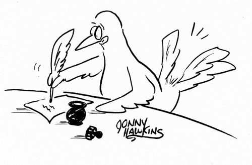 Bird writing with own feather.