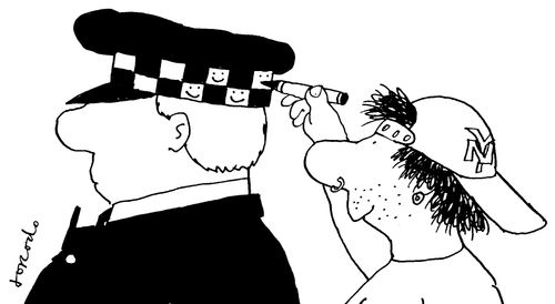 Teenager drawing smiley face on policeman's cap.
