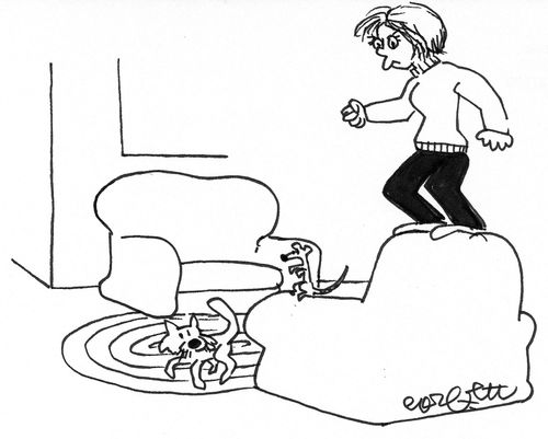 Woman on back of chair, mouse on the arm and cat on the floor.