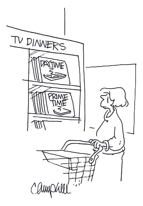 Shopper in grocery store sees TV dinners marked daytime and prime time.