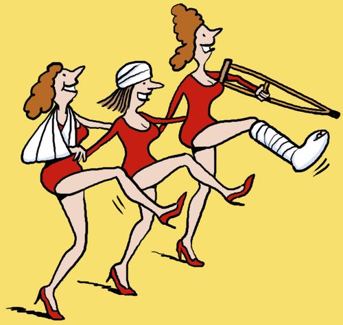 Burlesque dancers high kicking despite various injuries