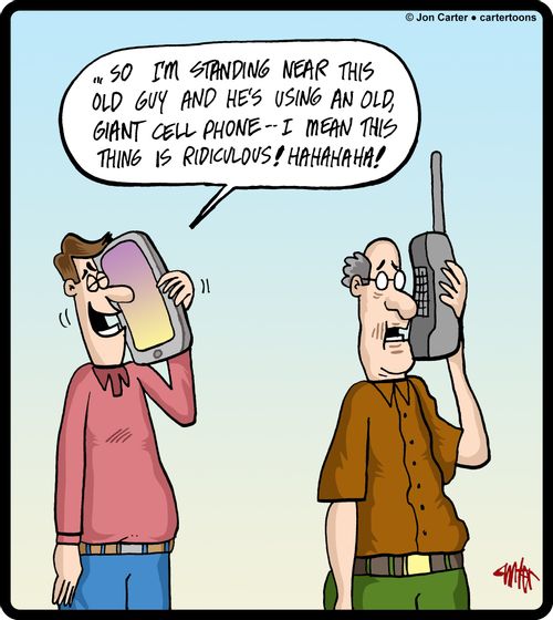 '... So I'm standing near this old guy and he's using an old, giant cell phone-- I mean this thing is ridiculous! Hahahaha!'