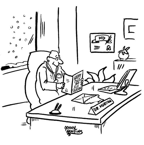 Doctor reading greeting card that says, 'Happy Cold and Flu Season'.