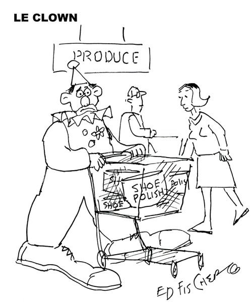 Clown loads up on shoe polish while shopping.