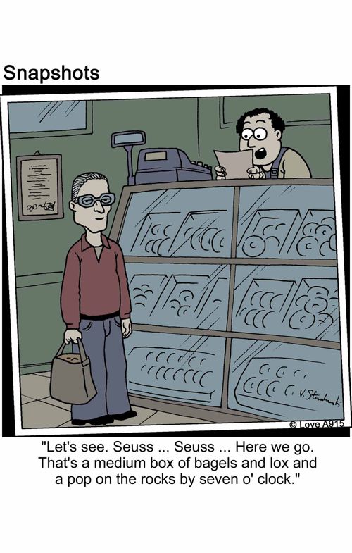 'Let's see. Seuss. Seuss.. Here we go. That's a medium box of bagels and lox and a pop on the rocks by seven o'clock.'