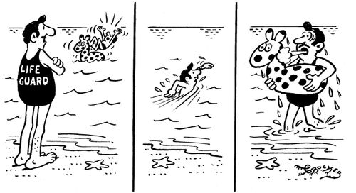 Lifeguard at seaside sees child fall off blow up animal in sea, dives in and rescues blow up animal.