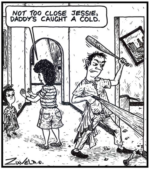 'Not too close Jessie, Daddy's caught a cold.' (A father catches a cold in a blanket and is struggling with it). 