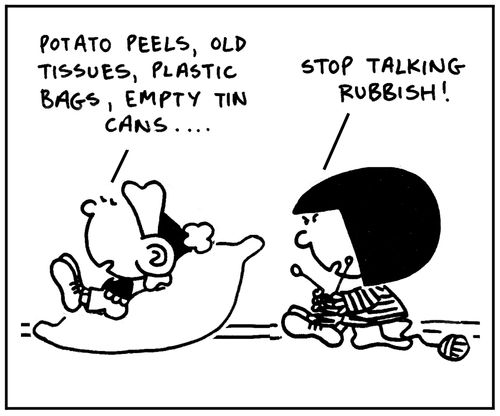 'Potato peels, old tissues, plastic bags, empty tin cans. Stop talking rubbish.'
