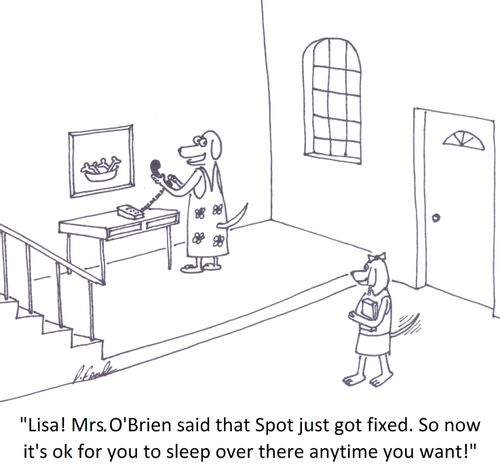 'Lisa! Mrs O'Brien said that Spot just got fixed. So now it's ok for you to sleep over there anytime you want!'