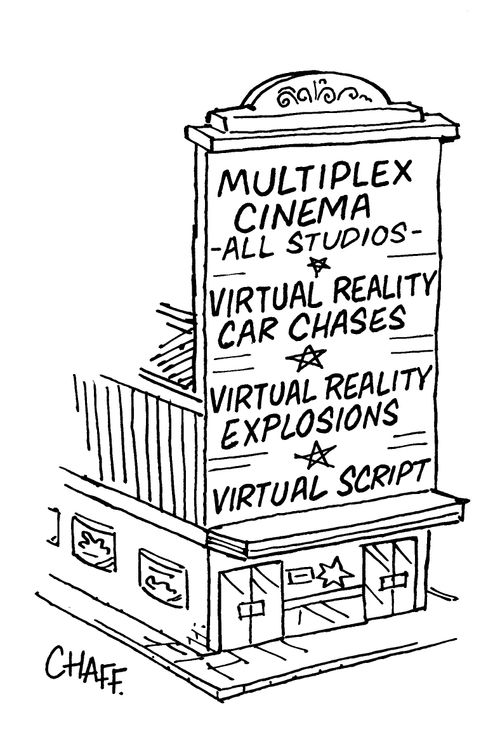 Multiplex cinema: Virtual reality car chases/explosions & virtual script.