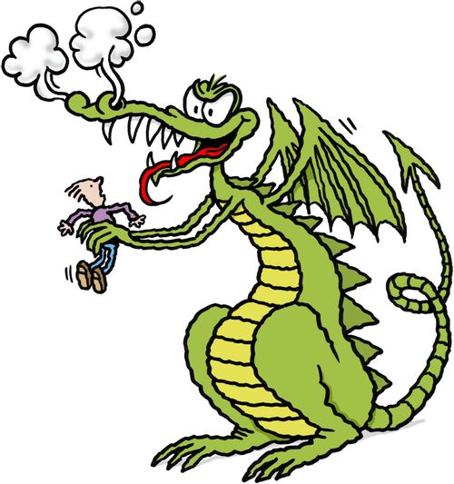 Dragon holding little man.