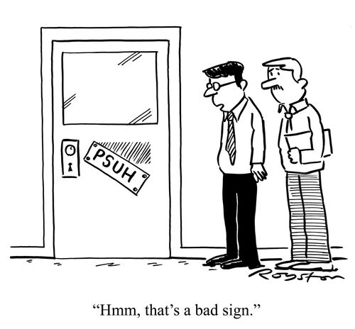 Sign on door is misspelt and has fallen down. Man says: 'Hmmm, that's a bad sign.'