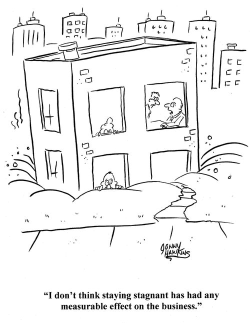 Businessman in sinking building: 'I don't think staying stagnate has had any measurable effect on the business.'