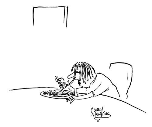 Man eating his hair when trying to eat spaghetti