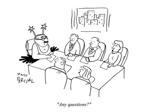 Business meeting, CEO is dressed strangely as he asks: 'Any questions?'