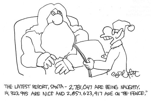 'The latest report,,,2,781,047 are naughty, 14,323,995 are nice and 2,857,623,917 are on the fence,'