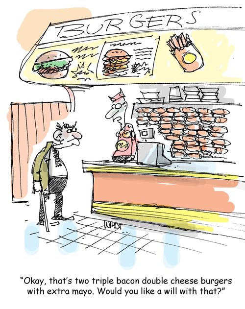 'OK, that's two triple bacon double cheese burgers with extra mayo. Would you like a will with that?'