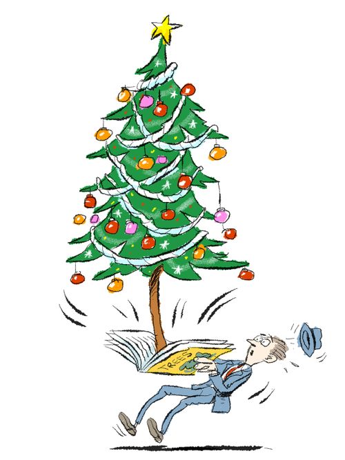 A xmas tree pops out of a book on trees