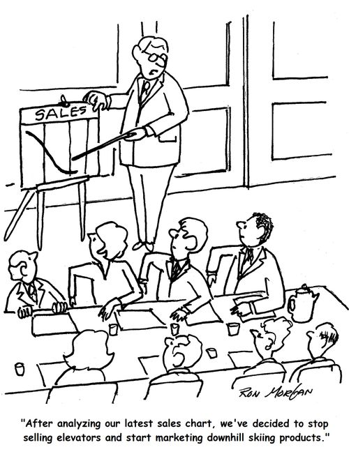 "After analyzing our latest sales chart, we've decided to stop selling elevators and start marketing downhill skiing products."