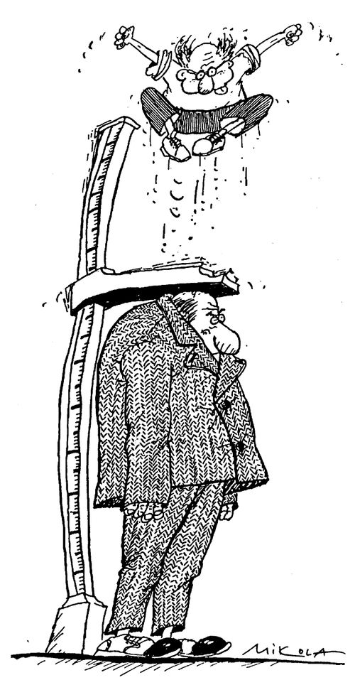 A short person jumping on a tall person's head in an attempt to make him smaller