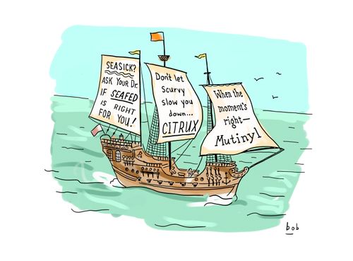 Wooden ship with large Advertising sails for Seasickness, scurvey, mutiney