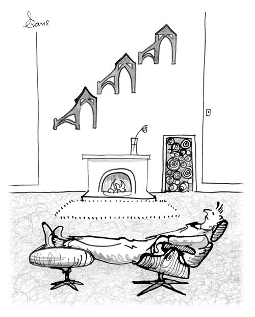 An architect-type is seen relaxing in his Eames chair and behind him on the wall, instead of ducks, he has three flying buttresses. 
