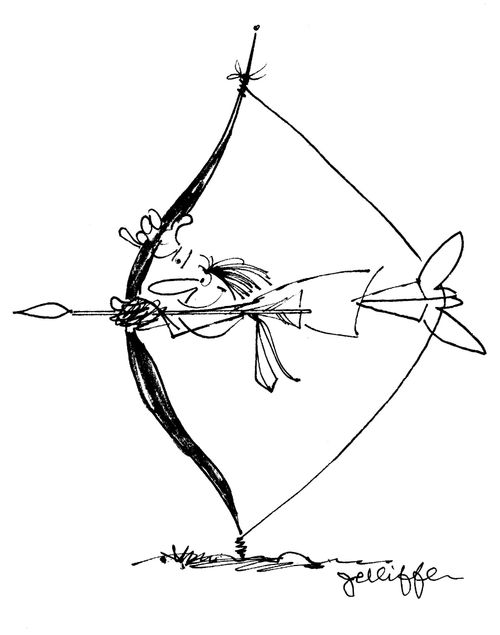 Archer firmly holding an arrow and firing himself from a bow.