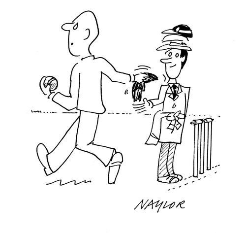 Man going into bowl hands toupee to umpire.