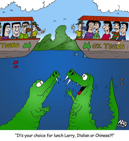 Two crocodiles are eyeing off two boats full Italian and Chinese tourist - 'It's your choice for lunch Larry, Italian or Chinese?'