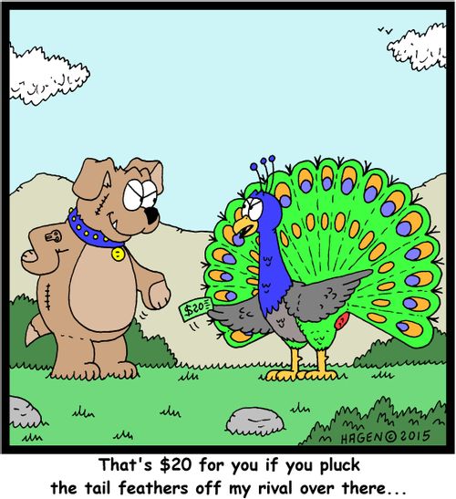 "That's $20 for you if you pluck the tail feathers off my rival over there..."