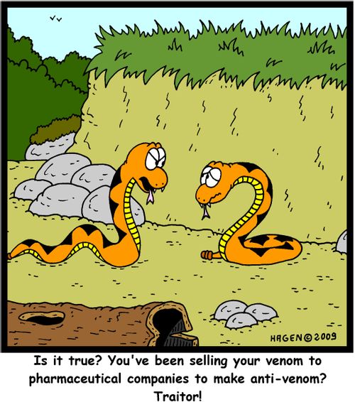 'Is it true? You've been selling your venom to pharmaceutical companies to make anti-venom? Traitor!'