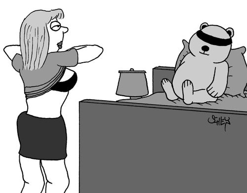 Woman takes off her shirt in front of a blindfolded teddybear.