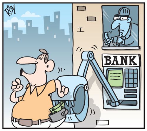Bank Fees - A claw comes out of the cash machine and pinches a customers wallet.